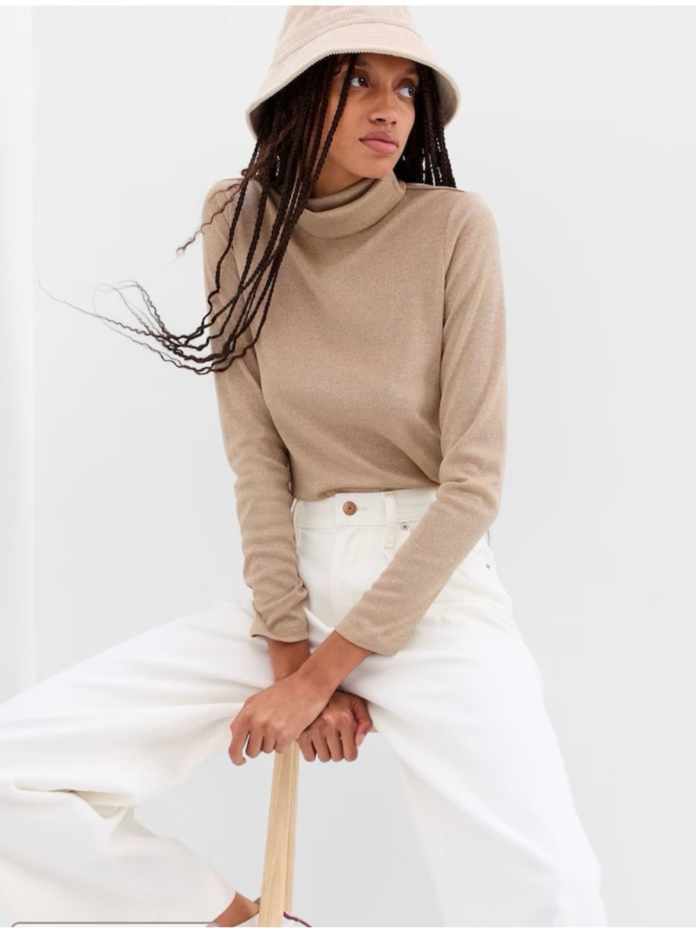 New GAP rib metallic turtleneck women's long sleeves top shimmer beige size S
